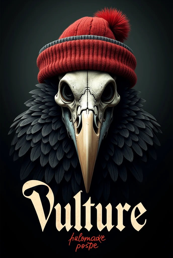 Create the logo for a handmade clamato blend that is made up of the skull of a vulture with a northern hat in a realistic style and that with gothic typography says " vulture " What is the name of the brand?.