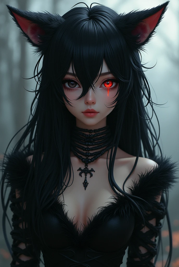 Create a female jujutsu kaisen oc, long black fur, red and sleepy eyes, with a tattoo on his neck
