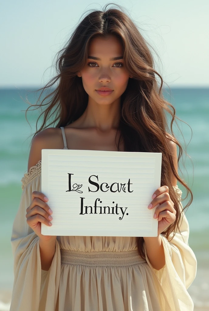 Beautiful girl with wavy long hair, bohemian dress, holding a white board with text "I Love Seaart Infinity" and showing it to the viewer