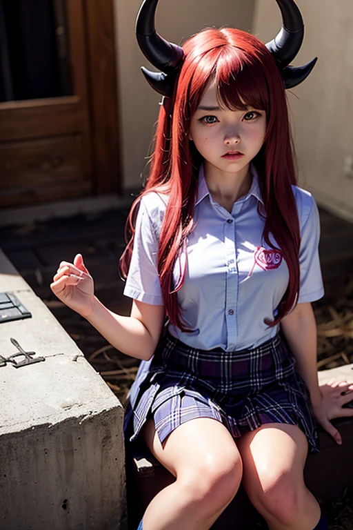 Realistic photo of  horned demon girl with very long red-tipped hair wearing a catholic school uniform in a blue plaid miniskirt, black bra, demon horns, pink socks with an old fender guitar in her hands sitting on a tombstone in a haunted house at midnight