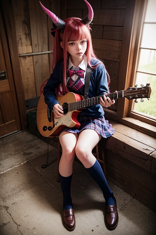 Realistic photo of 12 year old horned demon girl with very long red-tipped hair wearing a catholic school uniform in a blue plaid miniskirt, black bra, demon horns, pink socks with an old fender guitar in her hands sitting on a tombstone in a haunted house at midnight