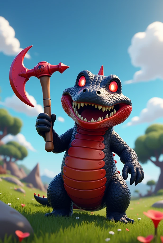 Studio Ghibli fortnite crocodile with red scales, black tones and red eyes, holding a diamond pickaxe, super wide plan, - in the 5th.1 --s 100 --ar 3300:3300 --seed 3492795981