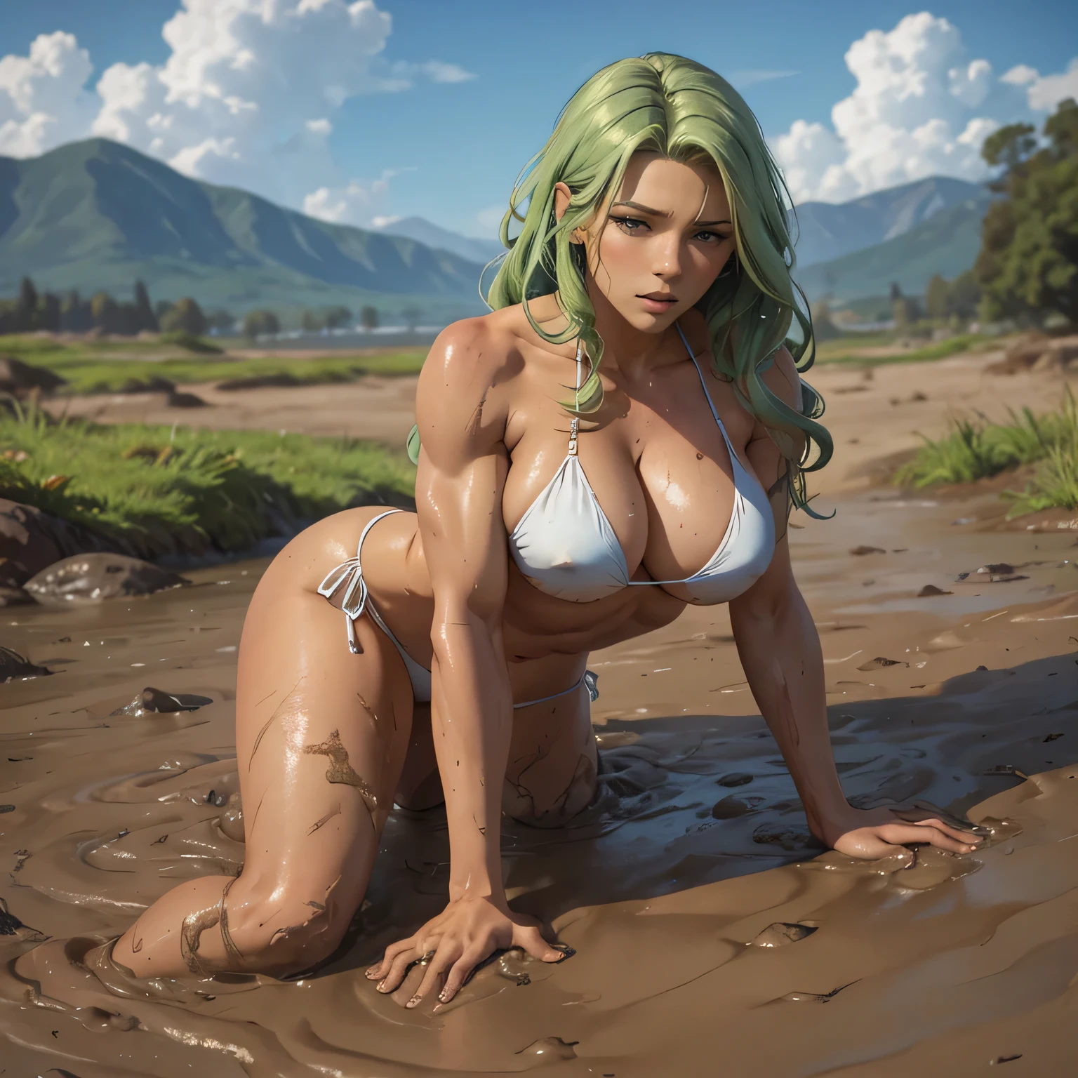 masterpiece, best quality, agrias, a woman, solo, wearing a tiny White bikini, lying on rock, she is unconscious, green hair, high leg, wavy hair, muscular , detailed face, muscular detailed face, age 22, big breast, she is weak, she is covered in mud, mud over her body, she can not get up, eyes close, crawling