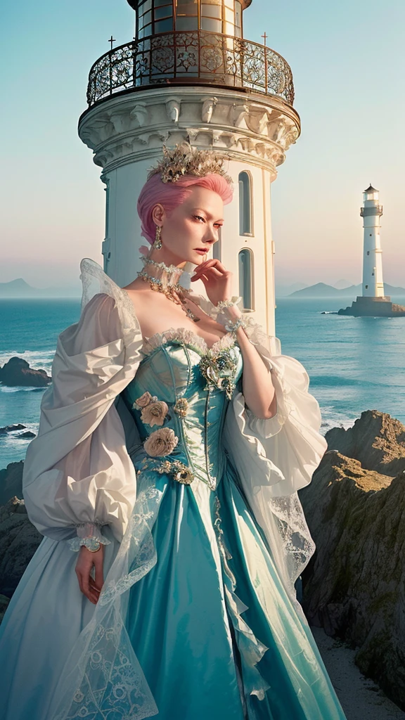 A woman in a dress stands next to a lighthouse, Rococo Cyberpunk, in style of Tim Walker, High Fashion Fantasy, Tim Walker, Inspired by Victorian science fiction, Ecopunk Rococo, neo-rococo expressionist style, Rococo Fashion, Tilda Swinton - Burning Man, Intricate costume design, Vogue Editorial, Rococo Queen