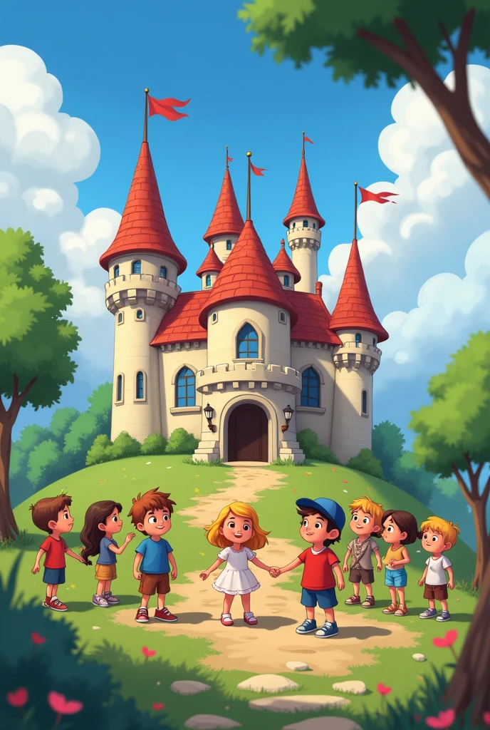 Create an animated image where there are many very happy boys and girls and they are in a castle where nobody complains that there are MANY children and the children look very happy
