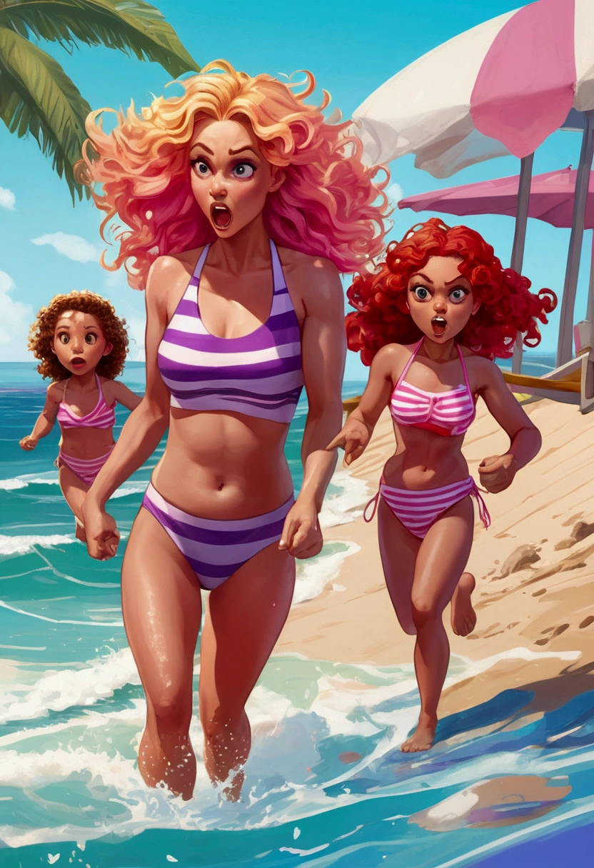 Create a 16:9 cartoon-style image of a beach scene with three characters: two women and one child. A distressed girl in a purple and pink striped swimsuit is being pulled by two angry women. One woman is blonde, and the other has red curly hair. The background is a sunny beach with a blue sky and turquoise sea.