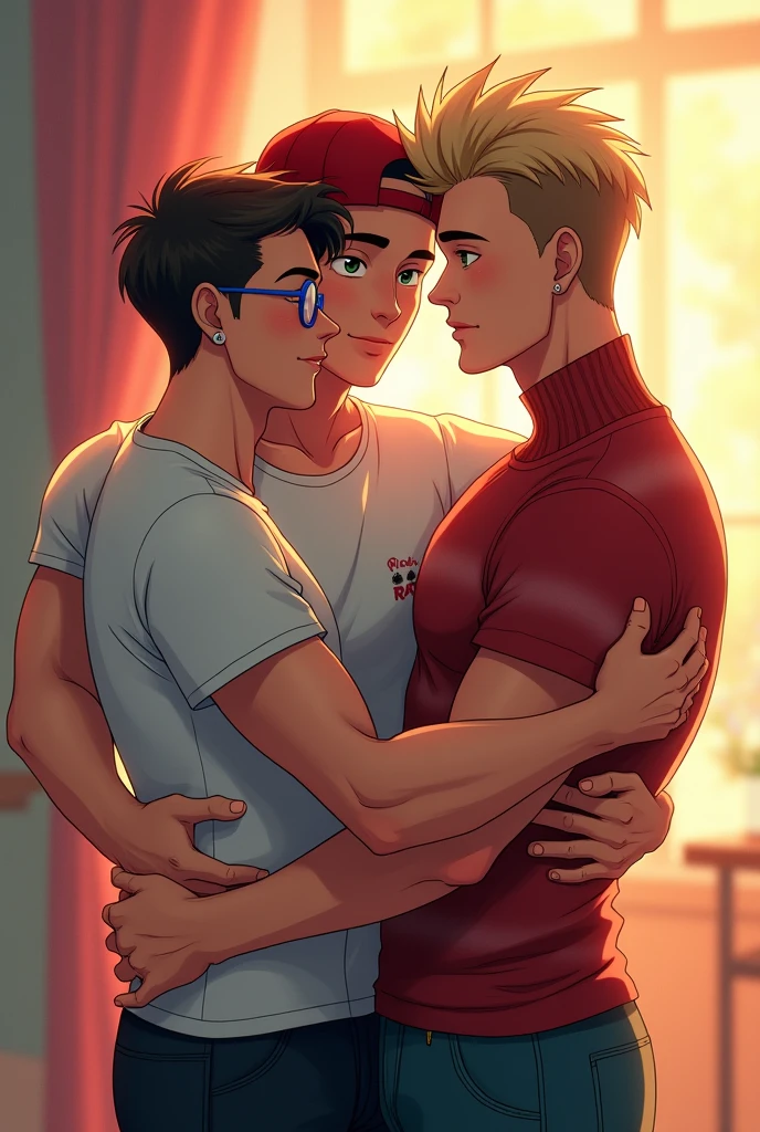 3 fit guys in love hugging eachother. anime style
1st is on the left, he is 5.8 feet tall, short haircut dark brown hair, wearing silver earring and blue rounded glasses.
2nd light blond guy is in the middle, 6 feet tall, with very short hair with red cap backwards, and wears a rick and morty t-shirt.
the 3rd guy on the right is the 5.7 feet tall with pompadour haircut brown hair, wearing a red and white stripes long-sleeves turtle neck