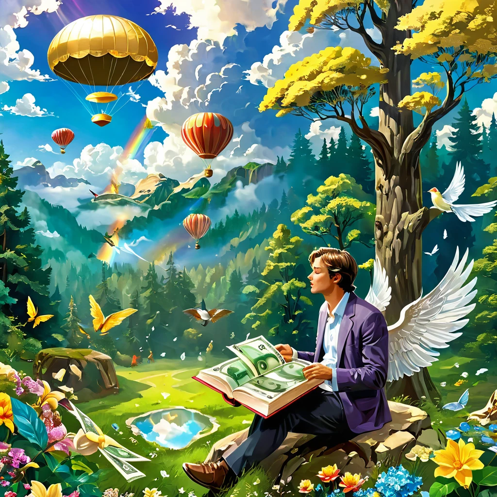 A man in a deep of thought bubble of very creative unique stuff of many different ideas, Clouding view of rare fantastic places surrounded by a tree of forest, gold, silver, animal and different types of flowers, flying book having wing, flying money having wings, flying glass, kids running around 