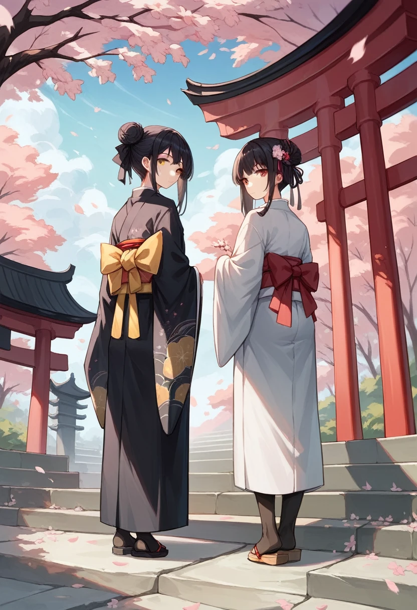 ((masterpiece,best quality)),2girls, black kimono, black legwear, black ribbon, black hair, cherry blossoms, day, flower, hair bun, hair ribbon, japanese clothes, kimono, long hair, looking at viewer, looking back , multiple girls, belts, outdoors, red eyes, red hair, ribbon, sandals, single bun, stairs, standing, statue, torii, tree, white kimono, yellow eyes
