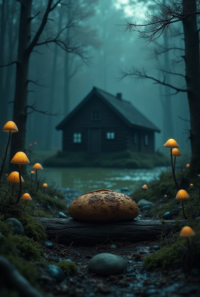 A corner model with a moldy loaf of bread on top of a log in the middle of the forest and wild mushrooms on the ground, that it is night and there are mushrooms that you have lights, with a lake with algae and mold