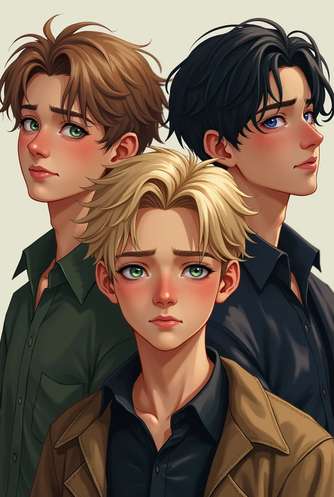 Make a picture of three boys of approximately 19 years old, one with light brown hair and green eyes, another with blue eyes and blond hair and the last one with black hair and gray eyes.