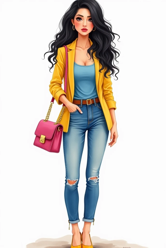 Watercolor illustration of a female character. a beautiful woman is 25 years old,she has wavy black hair falling in a cascade. She has striking eyes and freckles on her face .A woman is wearing a yellow blazer over a blue tank top and blue jeans with a brown belt. She is carrying a pink bag with a gold chain strap in her hand and wearing yellow high heels..