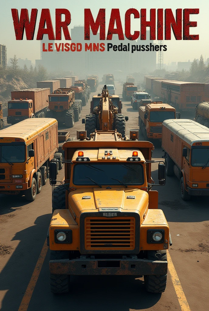 Image that has trucks, bus and a backhoe with the phrase War Machine and the title Pedal pushers in Spanish 