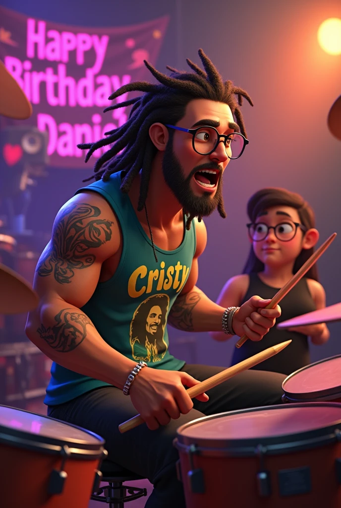 Animated muscular guy with tattoos that say cristy wearing a sleeveless Bob Marley shirt with reading glasses dreadlocks playing drums sitting at a concert that says happy birthday daniel in the background and a fat fan girl dressed in black rocker in love with how he plays the drums