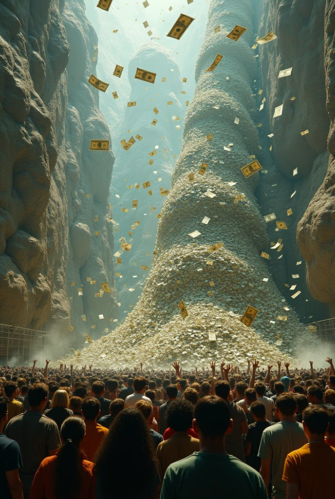 there is a large crowd of people standing around a pile of money, piles of money, 4 2 0 0 k, made of money, huge crowd on drugs, death of the money lenders, unbelievable, surreal!!!, flaunting his wealth, $100000000, raining dollars, huge!!!, 2 7 0 0 k