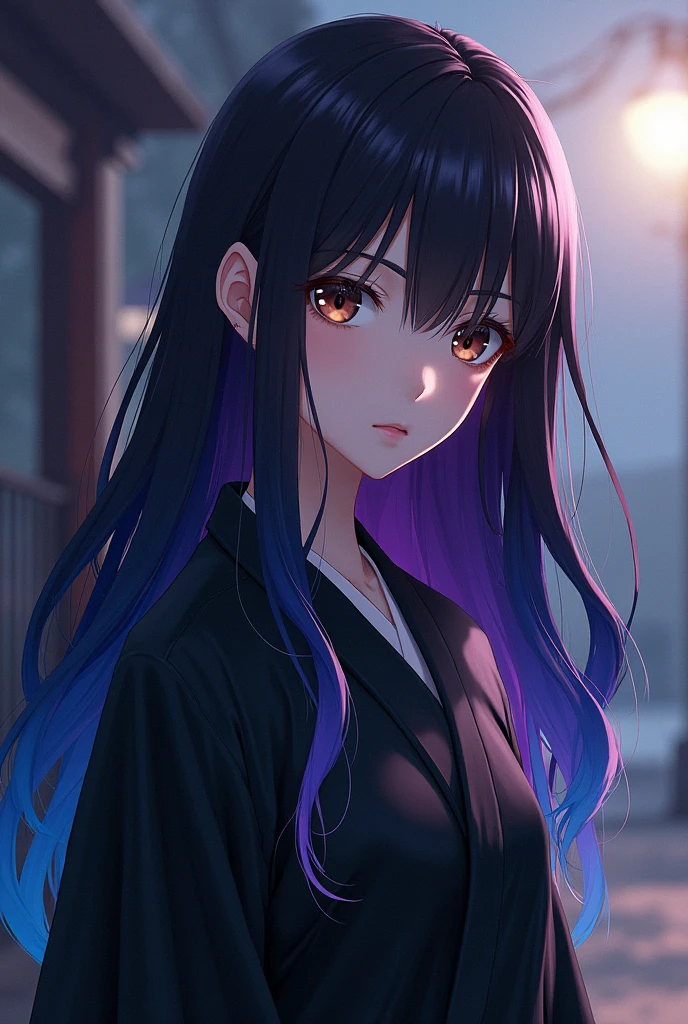 a white skinned girl, with long dark brown hair that turns blue and purple at the tips, with brown eyes, with a black Haori that fades into blue and purple, She is wearing the Hashira uniform from the anime Demon Slayer