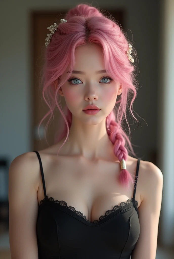 (masterpiece),(best quality:1.5),(highres), wallpaper 8k, detail skin, detail face, detail eyes, 1girl, solo, pink hair, hair ornament, blue eyes, black dress, medium , standing, full body, indoor, simpel blackground, realistic,