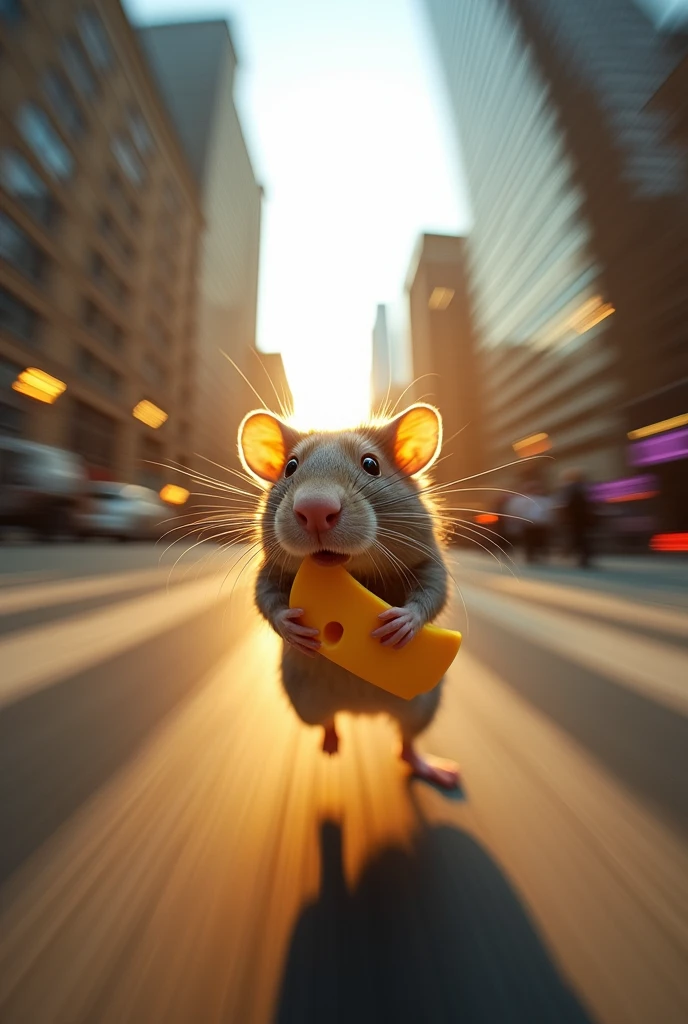 rat holding cheese is (running:1.05) to the viewer, (motion blur:1.1), (police running:1.2), (dynamic:1.1), sun rays, newyork, (taken by go pro:1.3), (taken by 7.5mm fisheye lens:1.1)