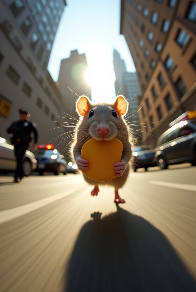 rat holding cheese is (running:1.05) to the viewer, (motion blur:1.1), (police running:1.2), (dynamic:1.1), sun rays, newyork, (taken by go pro:1.3), (taken by 7.5mm fisheye lens:1.1)