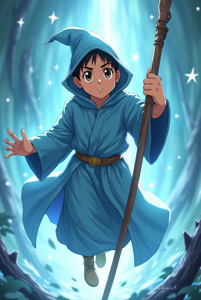 Monster Strike anime style、Gender: Male、The face is round and tan.、The eyes are a little big、eye color is brown,、Dressed as a wizard、The color is light blue.、He had a big walking stick.、Around、There is a fairy and water aura、The pose is cool and flying