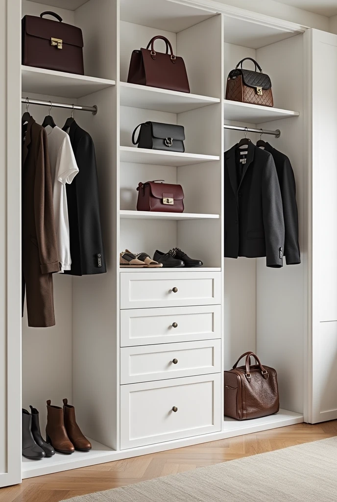 elegant closet white attached to a wall that has space to place perfumes and bags, suitcases on top, 5 or more long drawers, and to store longer t-shirts and coats as well,an specific space for shoes