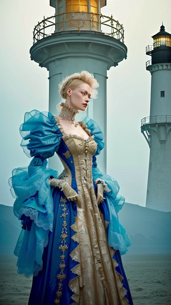 A woman in a dress stands next to a lighthouse, Rococo Cyberpunk, in style of Tim Walker, High Fashion Fantasy, Tim Walker, Inspired by Victorian science fiction, Ecopunk Rococo, neo-rococo expressionist style, Rococo Fashion, Tilda Swinton - Burning Man, Intricate costume design, Vogue Editorial, Rococo Queen