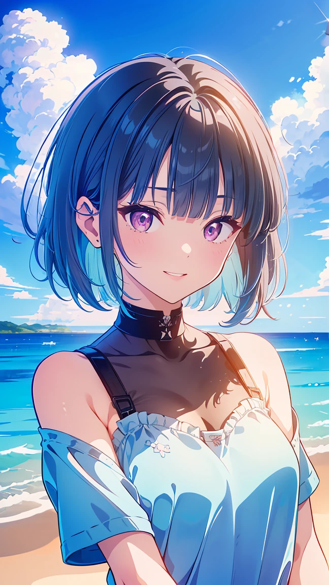 Girl short hair Blue hair Blue eyes Blue matching Smile confidently Correct limbs, black sundress, outdoor park background 