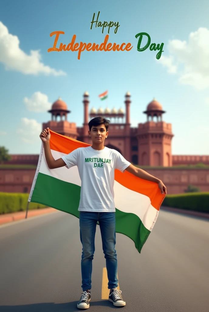 Prompt 👇
Generate a Realistic 18 years old boy, Wearing White T shirt blue jeans sneakers and the name "Mritunjay " is written on his t-shirt and the boy is standing on the road with holding a national flag of India, and behind him is the Red Fort Delhi. And written on sky "Independence Day" Create Realistic image high quality