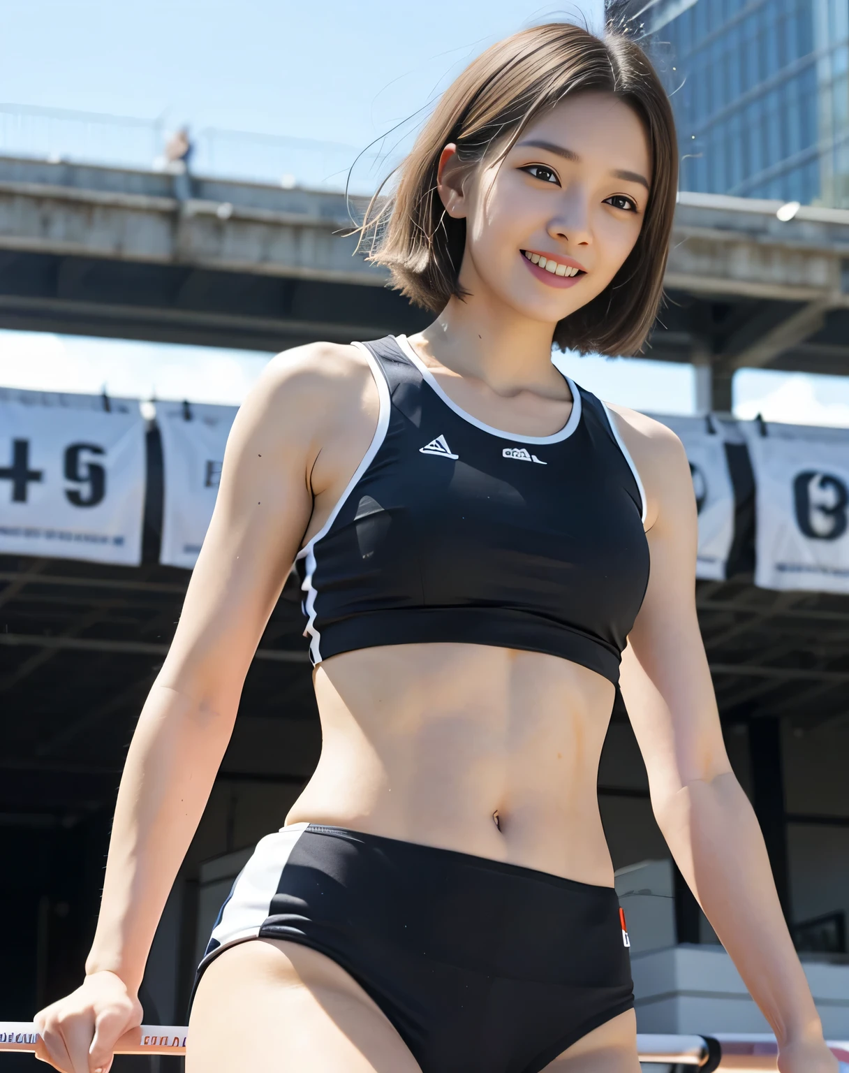 zydG, ((cowboy shot)),((from below)), 1girls, Front view, stand, looking the viewer, exposed skin, (from below),brown-eyed, (blonde very short hair:1.2), (light hair), (medium breasts:1.4), smile with white teeth, (photorealestic:1.4), (Top image quality:1.0), (UltraHighResolution:1.0), 8K, Raw photography, (A masterpice:0.2), track and field uniforms, show abs, (sweat, wetty:1.1), portlate, pubic bone focus, ful body,(pureerosface_v1:0.5), outdoor, track and field,