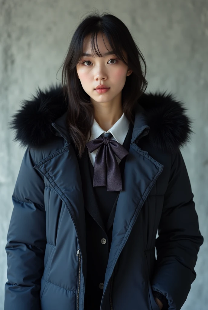 ((best quality)), ((masterpiece)), (detailed), perfect face, beautiful Japanese 18 year old woman, silk tight navy blue topshop puffer coat, seductive, face and body focus, large breasts, school uniform, silk blouse, pleated skirt, photorealistic, fluffy fur hood, photorealistic, photograph, shiny blouse, silk tie