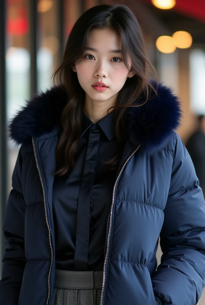 ((best quality)), ((masterpiece)), (detailed), perfect face, beautiful Japanese 18 year old woman, silk tight navy blue topshop puffer coat, seductive, face and body focus, large breasts, school uniform, silk blouse, pleated skirt, photorealistic, fluffy fur hood, photorealistic, photograph, shiny blouse, silk tie