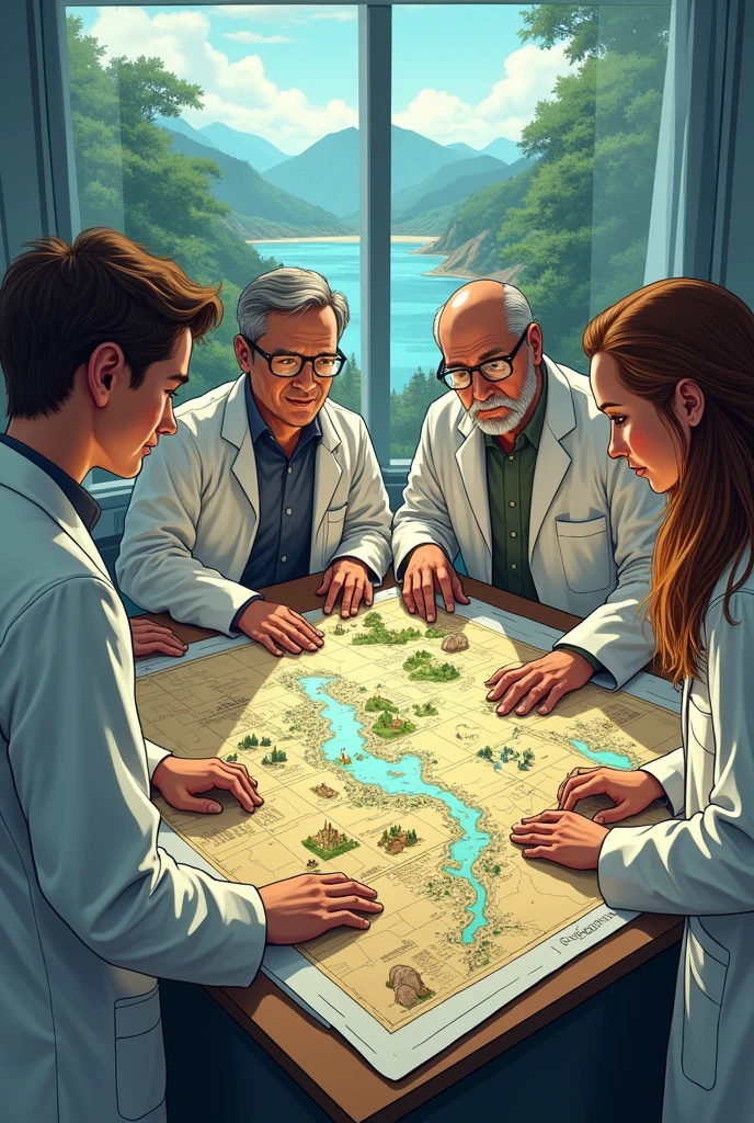 On a table a. Group of 4 scientists two young and one old and a woman with loose hair looking at a large illustrated map with landscapes like, mountains, a town and city and forests without sea. With a landscape in the background as if they were in a laboratory 


