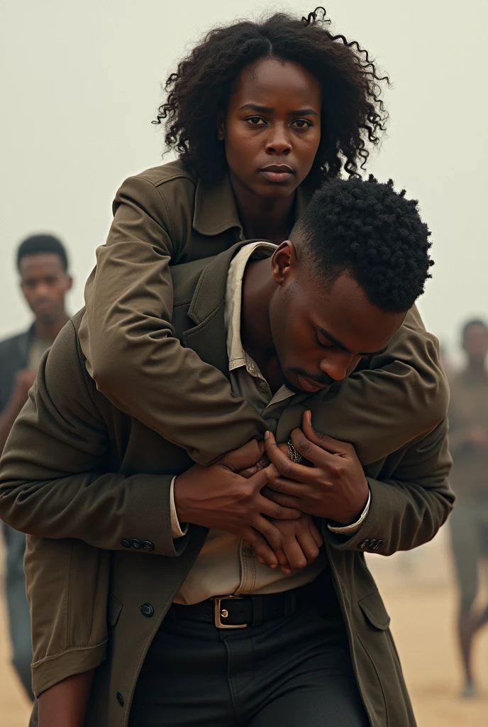 A Black woman carrying a white man