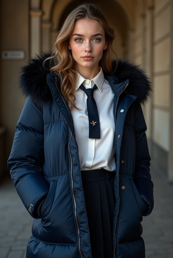 ((best quality)), ((masterpiece)), (detailed), perfect face, beautiful English 16 year old woman, silk tight navy blue moncler puffer coat, seductive, face and body focus, large breasts, school uniform, silk blouse, pleated skirt, photorealistic, fluffy fur hood, photorealistic, photograph, shiny blouse, silk tie