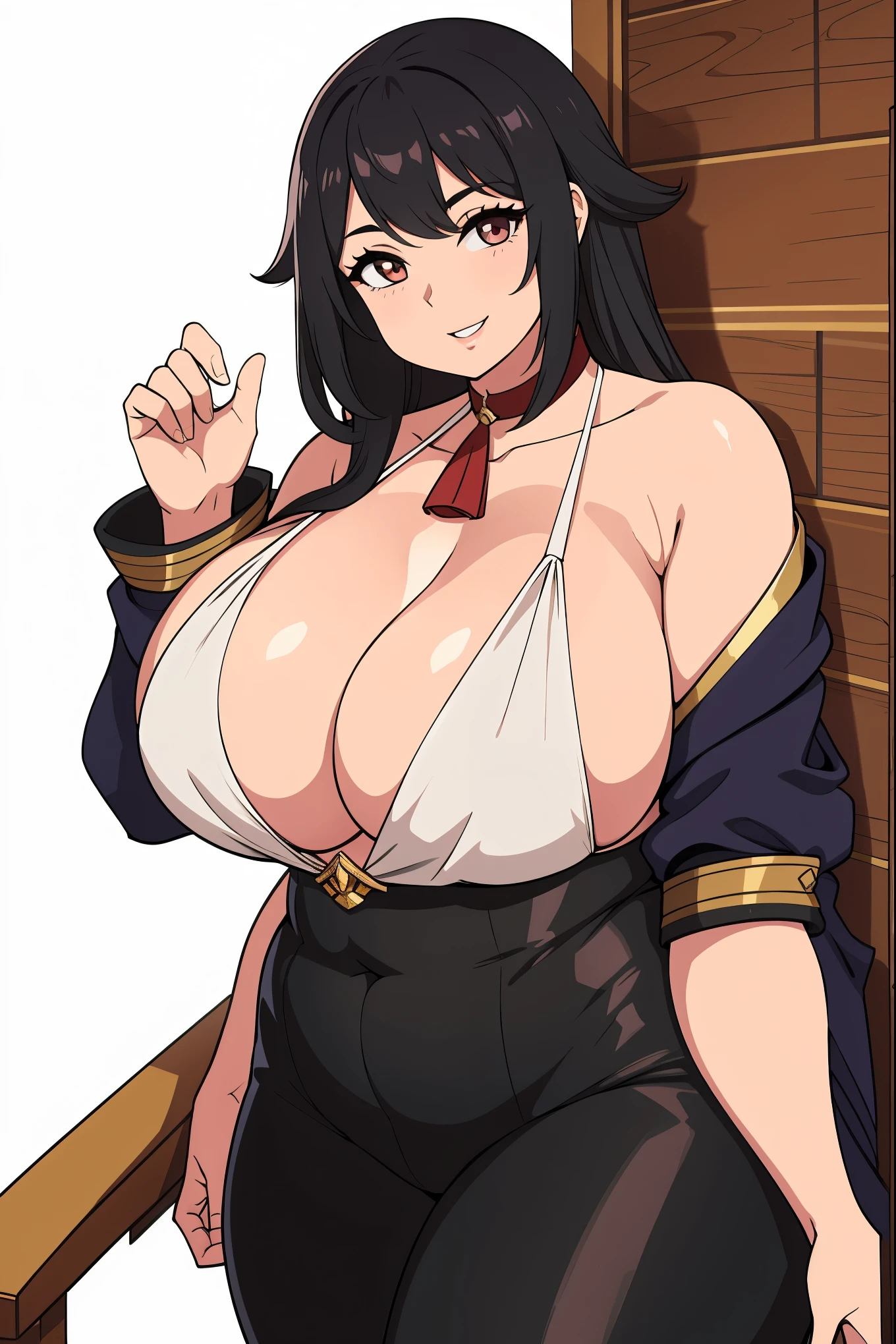 [a handsome, sexy mature woman with a seductive smile and parted lips stands against a white background. darkskin, She has sharp eyelashes, eyes browns, and long black hair with bangs. His figure is voluptuous, with a narrow waist, Broad Hips, and huge breasts. The image has an impact, Genshin-inspired style, rendered in high detail and HDR quality as a stunning work of art.]