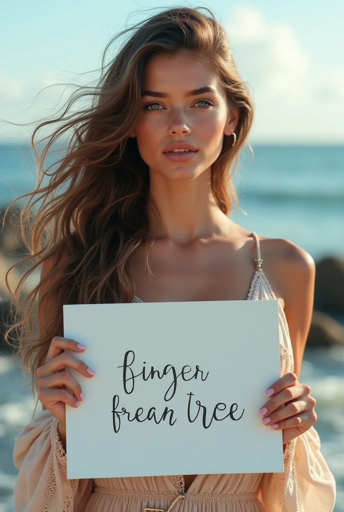 Beautiful girl with wavy long hair, bohemian dress, holding a white board with text "I Love Seaart Infinity" and showing it to the viewer