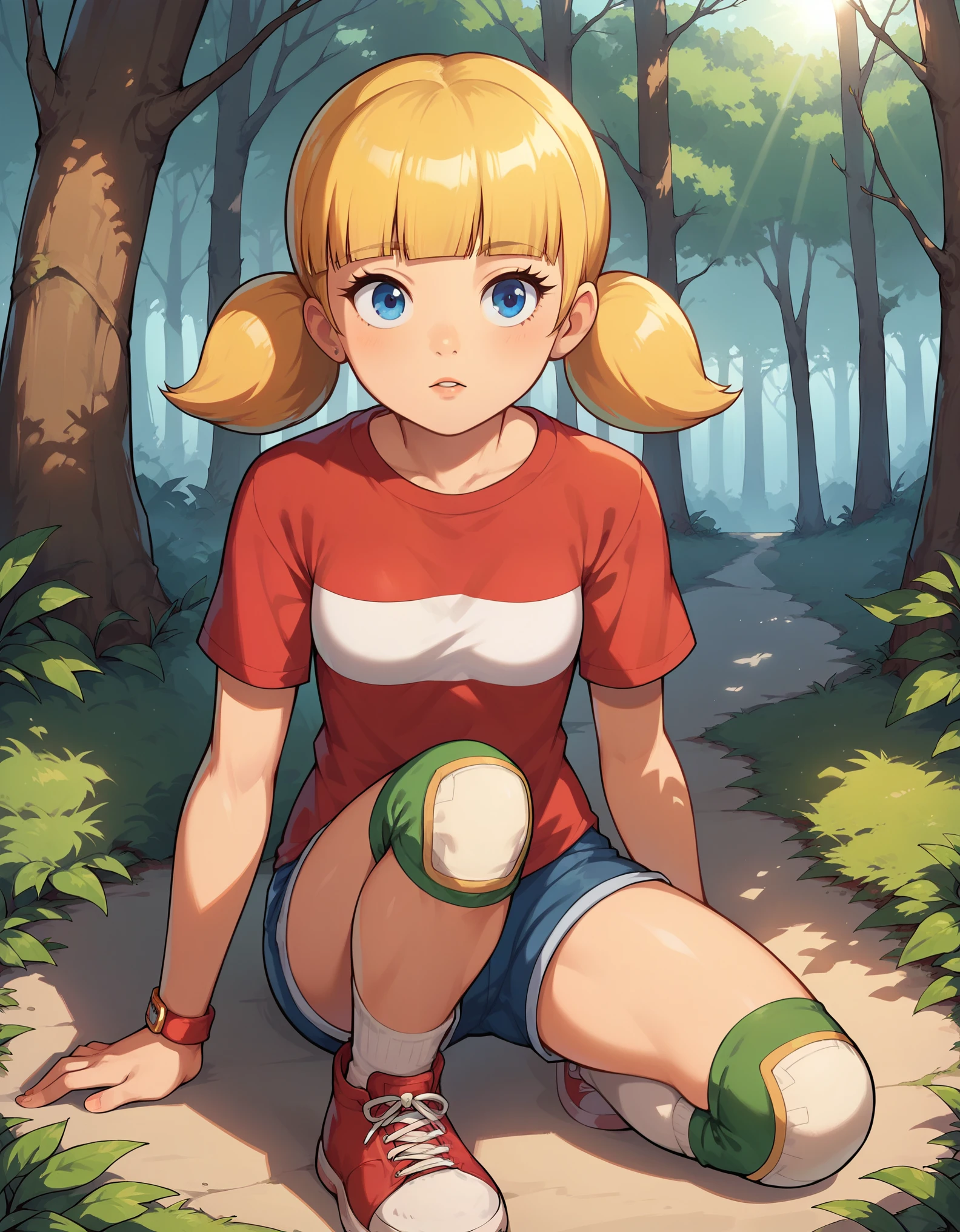 score_9, score_8_up, score_7_up, solo, 1girl,  penny_ig, blonde hair, twintails, blue eyes, red shirt, stripe, knee patch,, outdoors, forest, sunlight, shadows, natural lighting