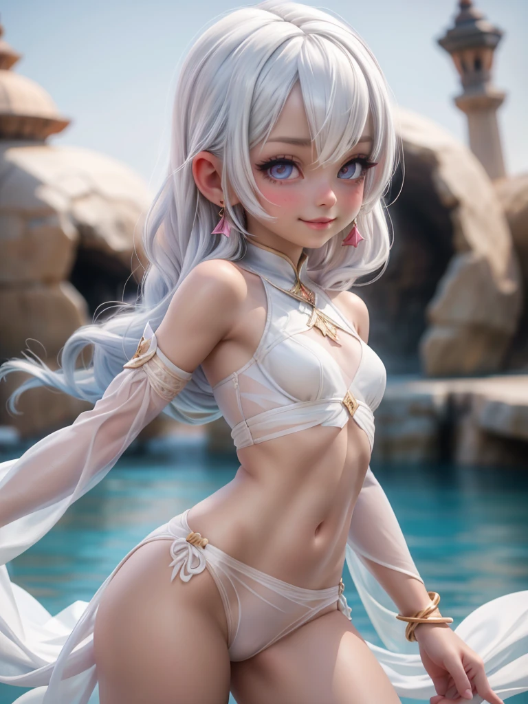 ariel, upper body portrait, white hair, beautiful, cute arabian transparent clothes, warrior, midriff, fit, white hair, rear view looking back, desert background, realistic fantasy ,concept art, sexy, excited, gorgeous face,fully body, breasts small, smooth skin, Medium pink mouth, Linda, naturals .Transparent silk on clothes, 80% of the uncovered body,Cheeky smile.,Well-defined lips. 