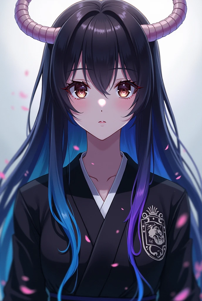a white skinned girl, with long dark brown hair that turns blue and purple at the tips, with brown eyes, with a black Haori that fades into blue and purple, She is wearing the Hashira uniform from the anime Demon Slayer