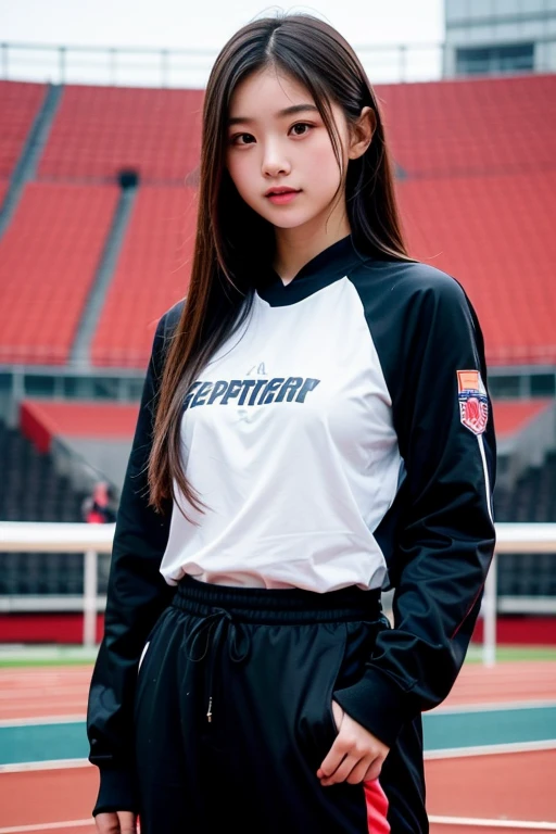 A high school girl who looks like an idol of the track and field club, wearing a long-sleeved black jersey and long pants, in the spectator seats at the competition venue