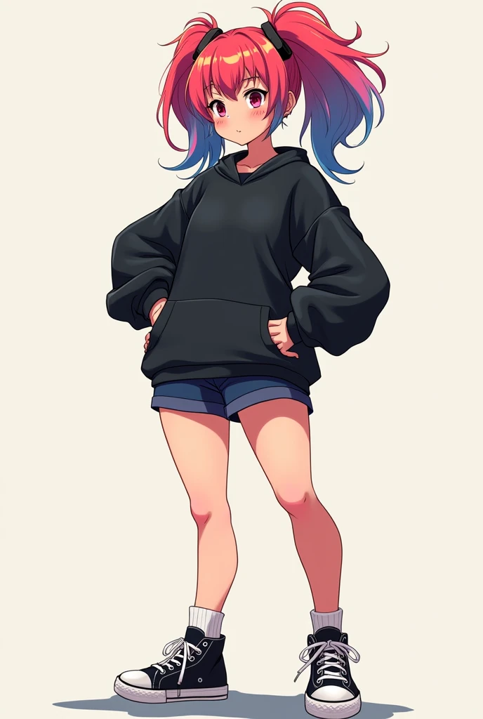 Draw anime style, Kizi, big hair,big-ass,short shorts,black sweatshirt