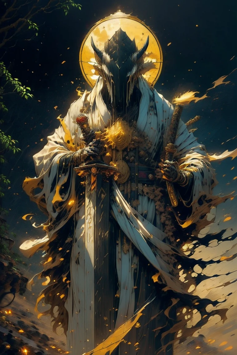 (Best Quality,ultra detailed),bright,ancient japanese deity,japanese traditional bamboo hat(fail),dense forest landscape,majestic and serene nature,sun shining brightly in the night sky,yellow tattered robes with fluorescent gold stripes that glow in the sunlight,samurai sword sharpened and drawn(katana),long spiraling horns,palid mask on face,jewelry and golden bracelets,