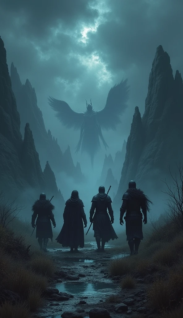 "A group of four, including a black knight and three guardians, navigating through a dark and foreboding landscape. The scene is set in a desolate land with treacherous mountains and murky swamps. The sky is perpetually dark, with low visibility. The black knight is leading, and the sorcerer named Valis uses his dark powers to illuminate their path. The atmosphere is tense, and Valis shouts a warning as ominous shadows emerge from the darkness, suggesting imminent danger. The style is dark fantasy with high contrast and dramatic lighting."
