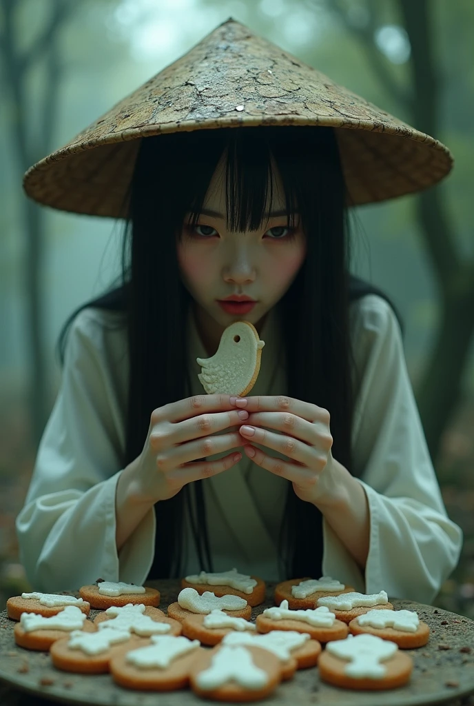 Hat-wearing Sadako eating dove-shaped cookies with a dove々wood