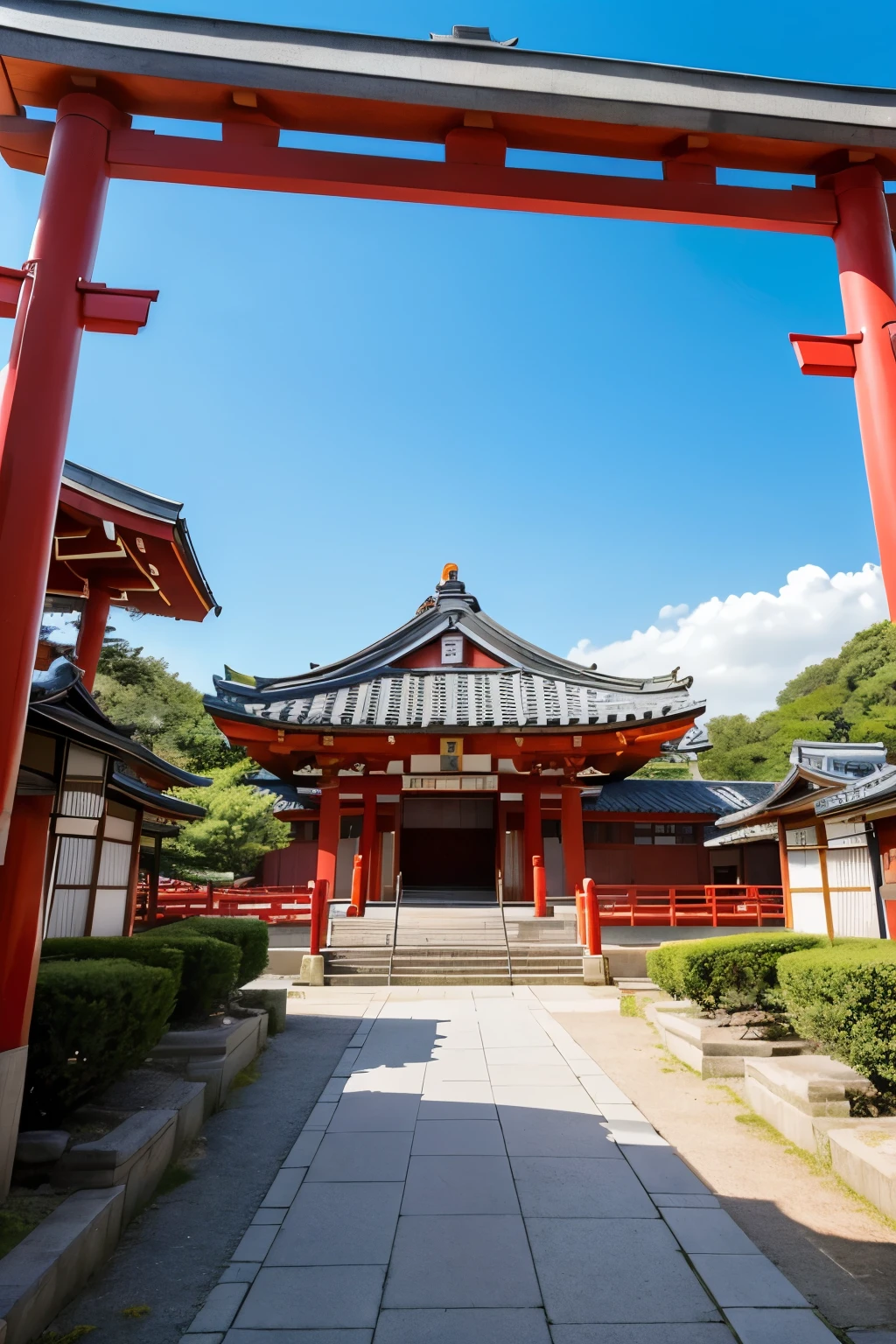 A front view of a traditional Japanese Shinto shrine, featuring a large red torii gate in the foreground. The torii gate has a shimenawa (sacred rope) with white zigzag paper strips hanging from it. Behind the gate, there is a beautifully decorated shrine with a green roof, intricate details, and red and white color scheme. On either side of the entrance, there are stone fox statues wearing red bibs. Modern buildings can be seen in the background, contrasting with the traditional architecture of the shrine. The scene is set on a sunny day with a clear blue sky.