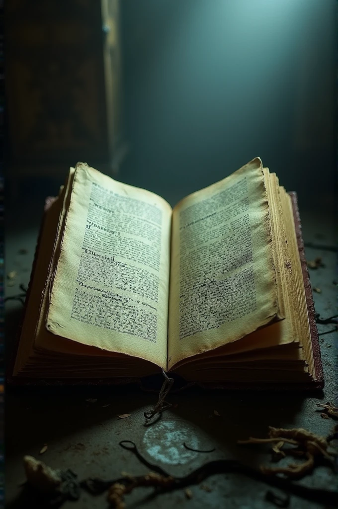 an old book open on a page with warnings written in a gothic or handwritten style the atmosphere is gloomy with shadows falling on the page giving a sense of mystery and seriousness