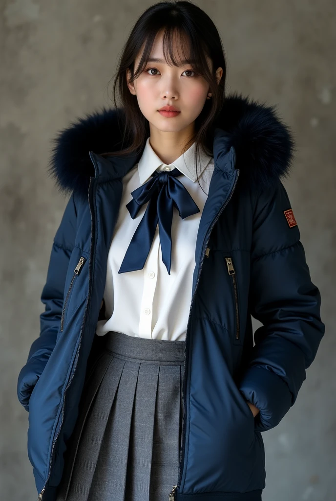 ((best quality)), ((masterpiece)), (detailed), perfect face, beautiful Japanese 18 year old woman, silk tight navy blue topshop puffer coat, seductive, face and body focus, large breasts, school uniform, silk white blouse, grey pleated skirt, photorealistic, fluffy fur hood, photorealistic, photograph, shiny blouse, silk tie