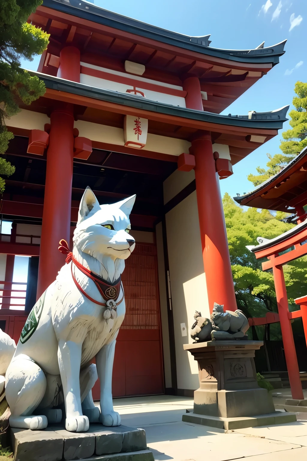 A front view of a traditional Japanese Shinto shrine, featuring a large red torii gate in the foreground. The torii gate has a shimenawa (sacred rope) with white zigzag paper strips hanging from it. Behind the gate, there is a beautifully decorated shrine with a green roof, intricate details, and red and white color scheme. On either side of the entrance, there are stone fox statues wearing red bibs. Modern buildings can be seen in the background, contrasting with the traditional architecture of the shrine. The scene is set on a sunny day with a clear blue sky.