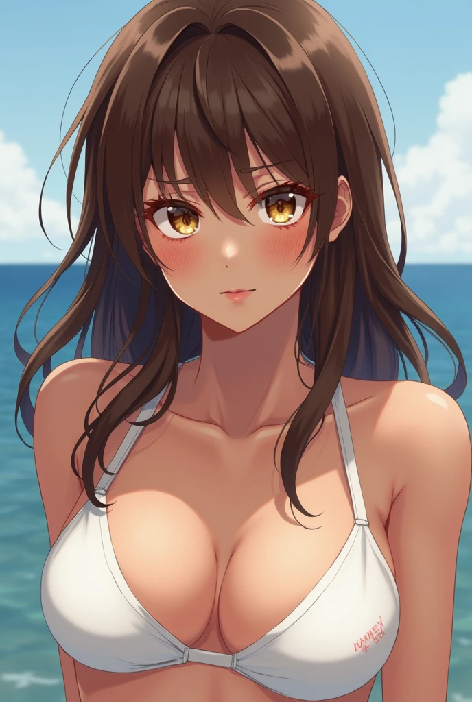 Brown skin, fluffy semi-long brown hair, golden eyes,  japanese white school swimsuit, very large breasts,big nipples, cheek dyes, cunt streaks, full body,cool, grumpy, nswf,cum,Tall woman, suspensible eyes