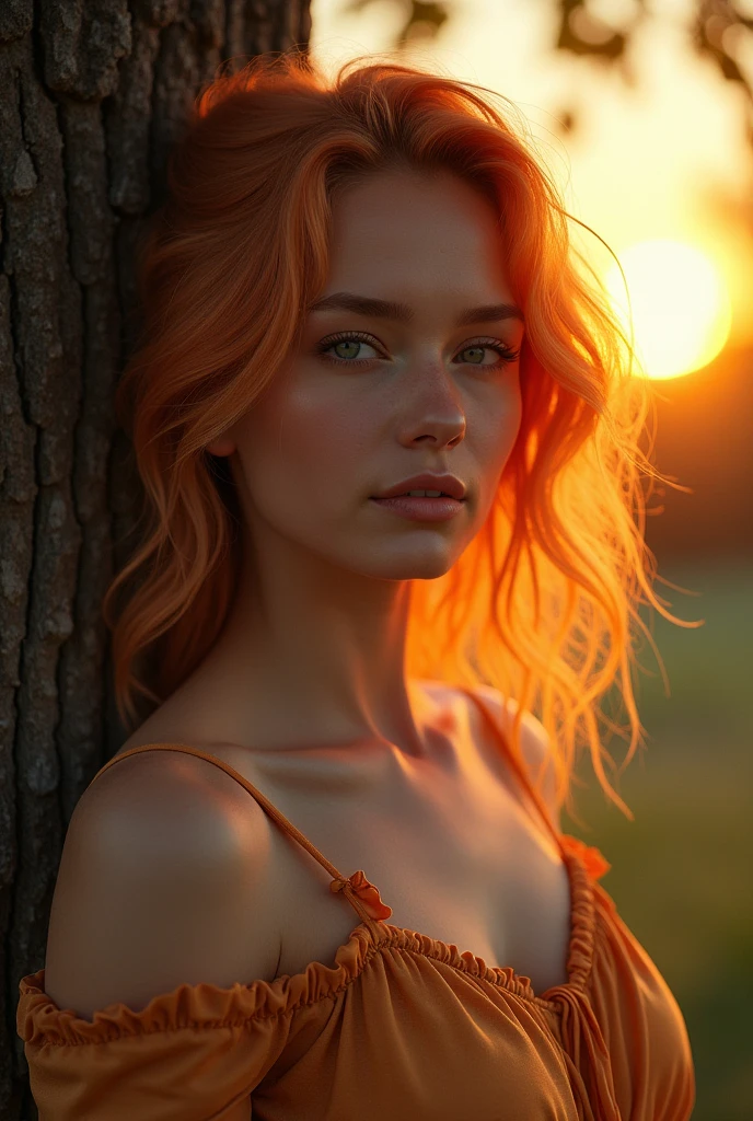 (photorealism:1.5), RAW photo,  
beautiful woman, orange and blonde hair, leaning against a tree, sunset background, peaceful expression, detailed clothing, high detail, photorealistic, vibrant colors, warm glow
 